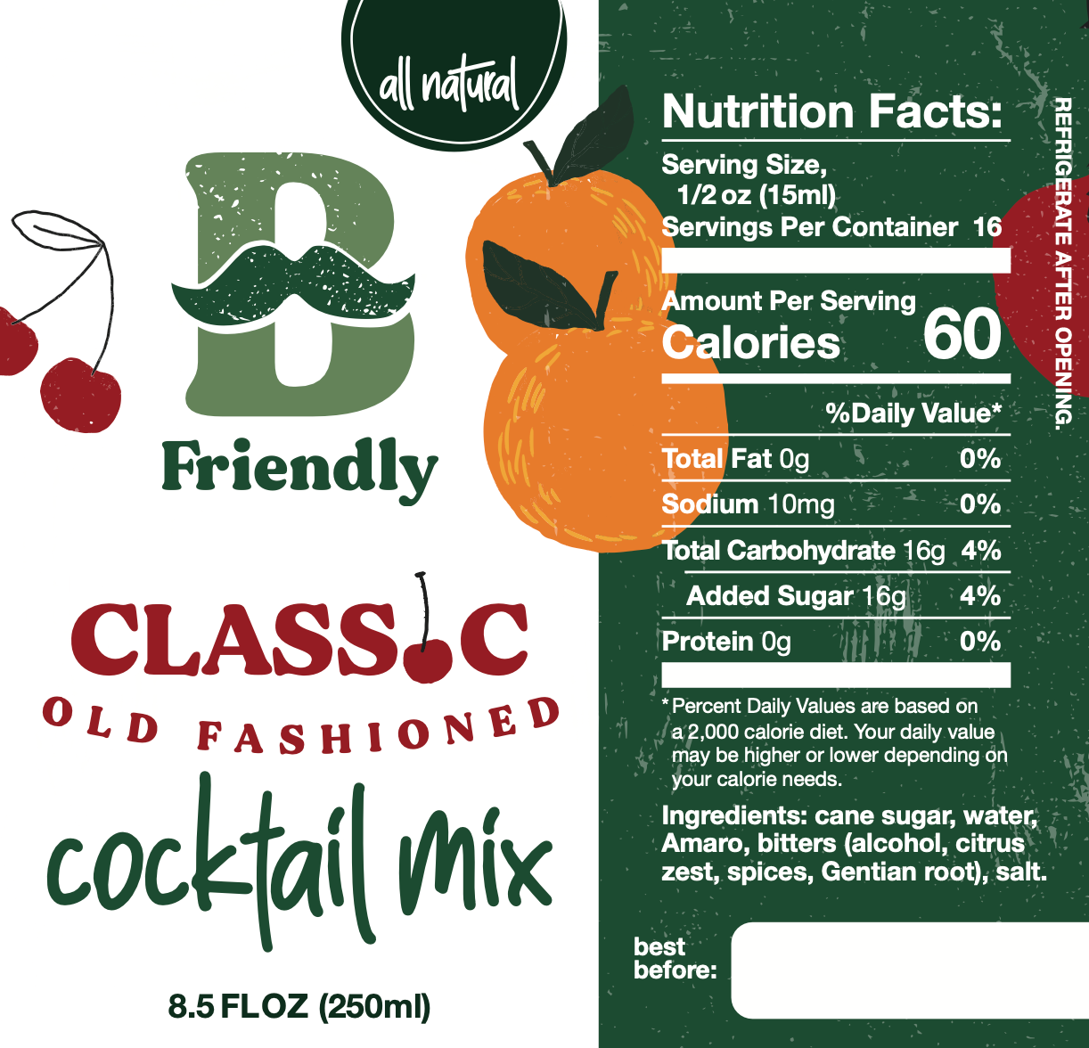Classic Old Fashioned Cocktail and Mocktail Mixer 250ml Bottle